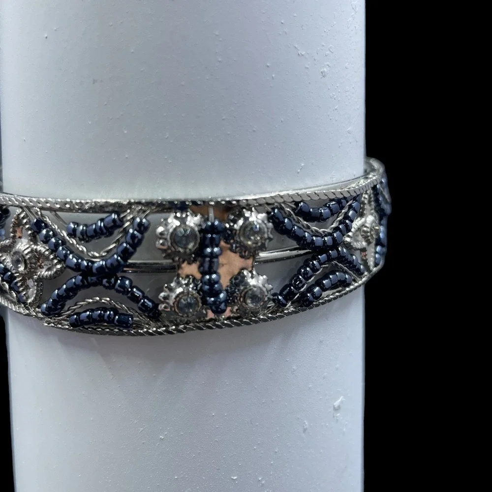 Vintage Silver Tone Cuff Bracelet Rhinestone‎ Beaded Bangle Statement Jewelry